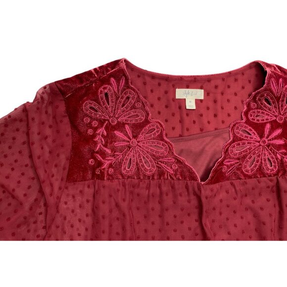 Style & Co Blouse Top Women's 3X Plus Red Eyelet-Yoke Swiss-Dot Textured Overlay - Picture 6 of 12